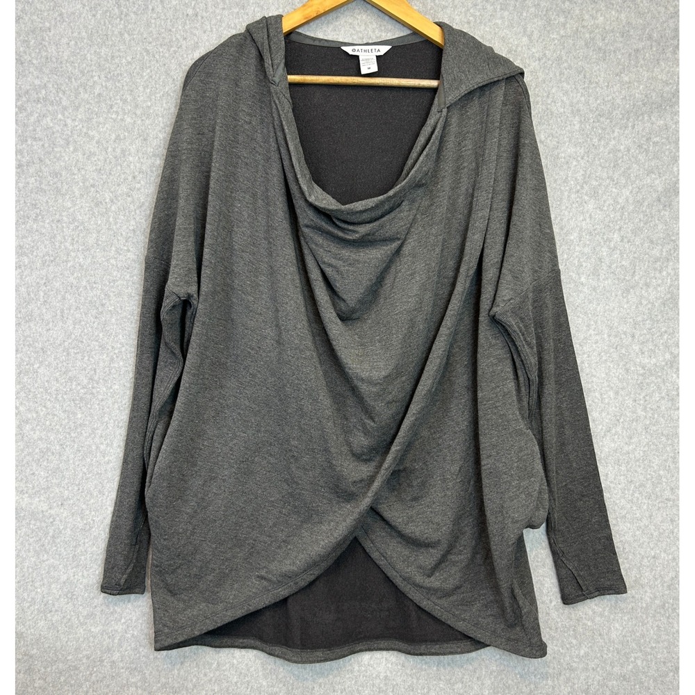 Athleta M Purana Wrap Sweatshirt Gray Draped Cowl Hooded Pullover Cozy Travel